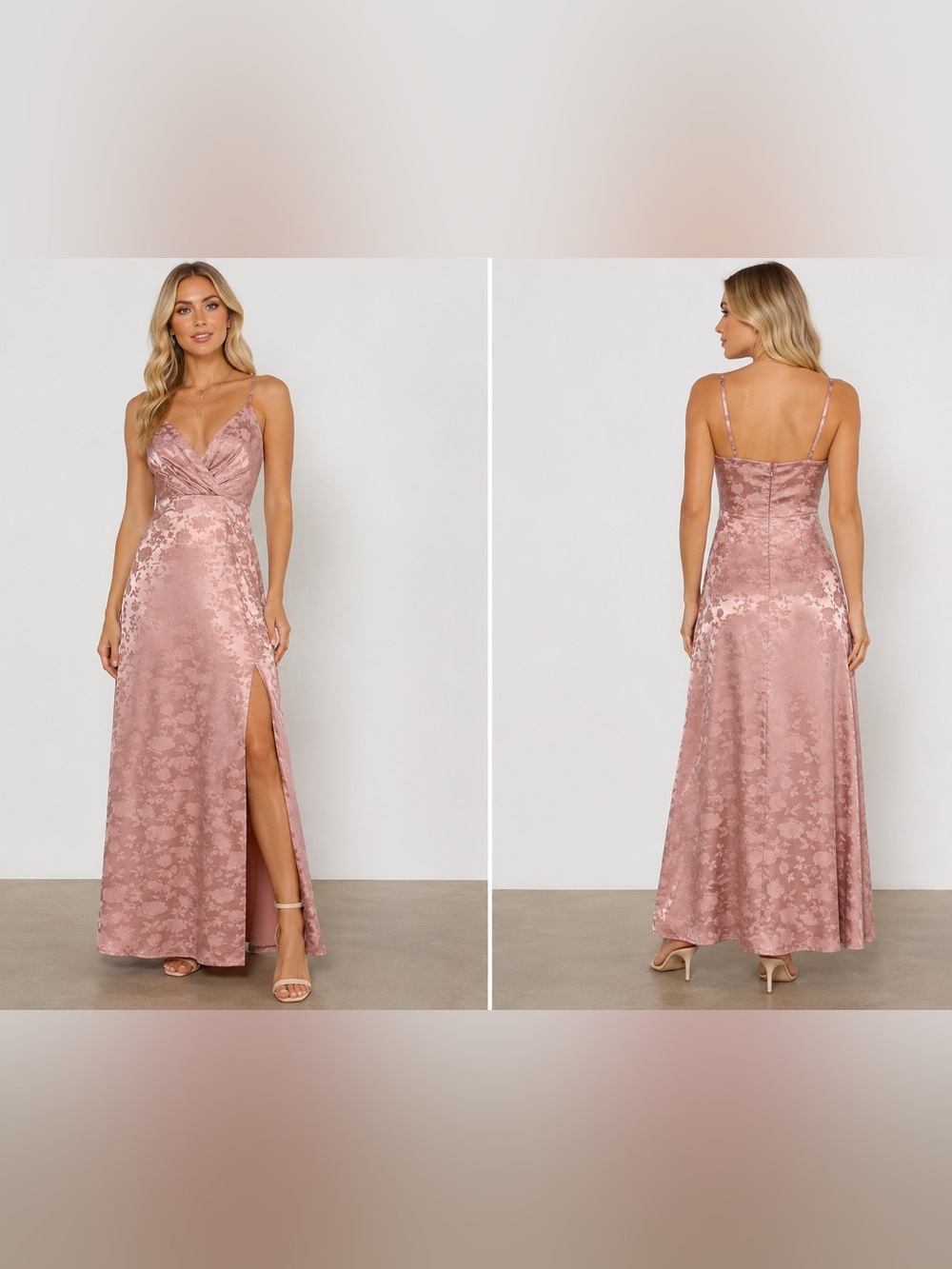 NWT Lulu's Dusty Rose Jacquard Satin Maxi Dress with Slit